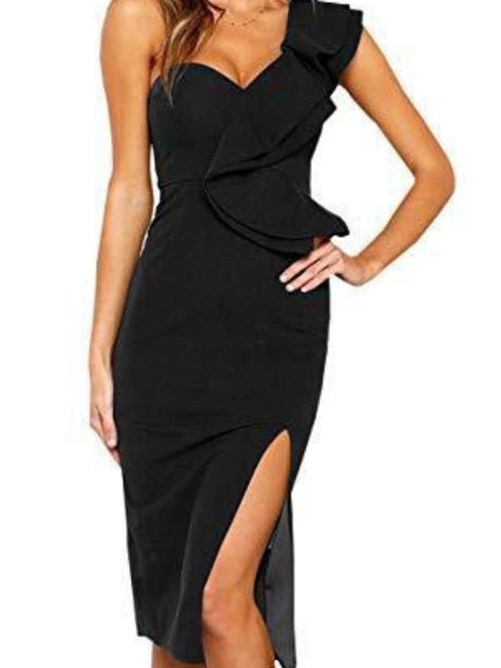 Ecowish Black One-Shoulder Ruffle Midi Dress Size S NWT